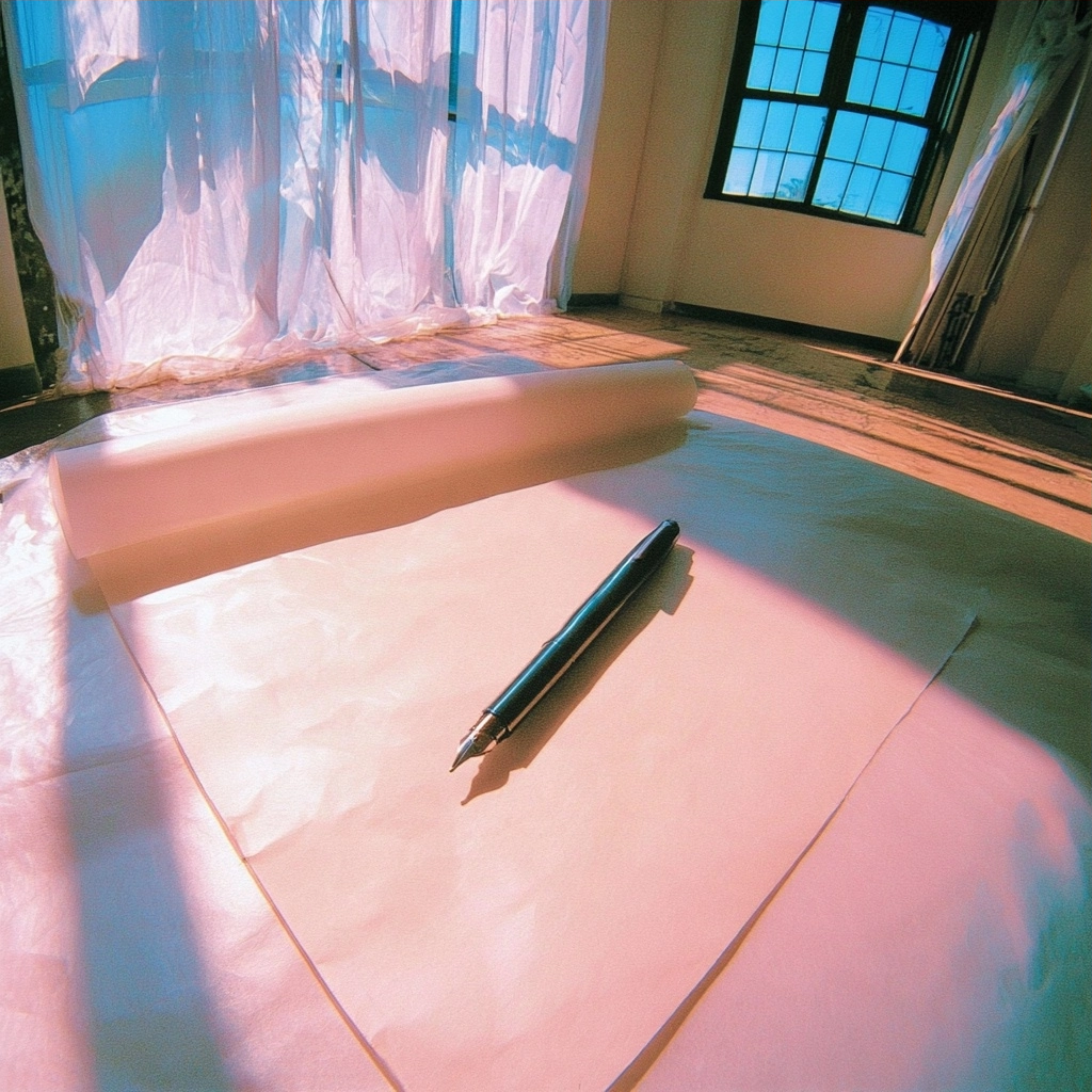 A black fountain pen lying on a sheet of white paper with soft pink and blue sunlight shadows.