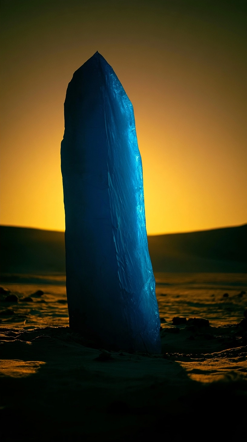 A glowing blue crystalline pillar rising from sand dunes against a golden sunset sky.