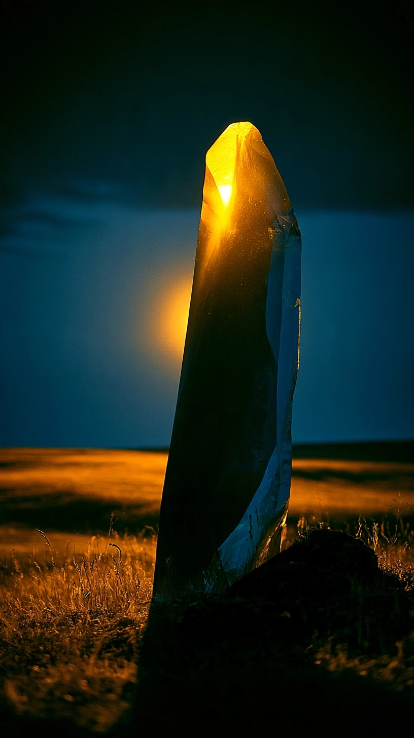 A glowing golden crystal shard standing in a dark grassy field under a night sky.