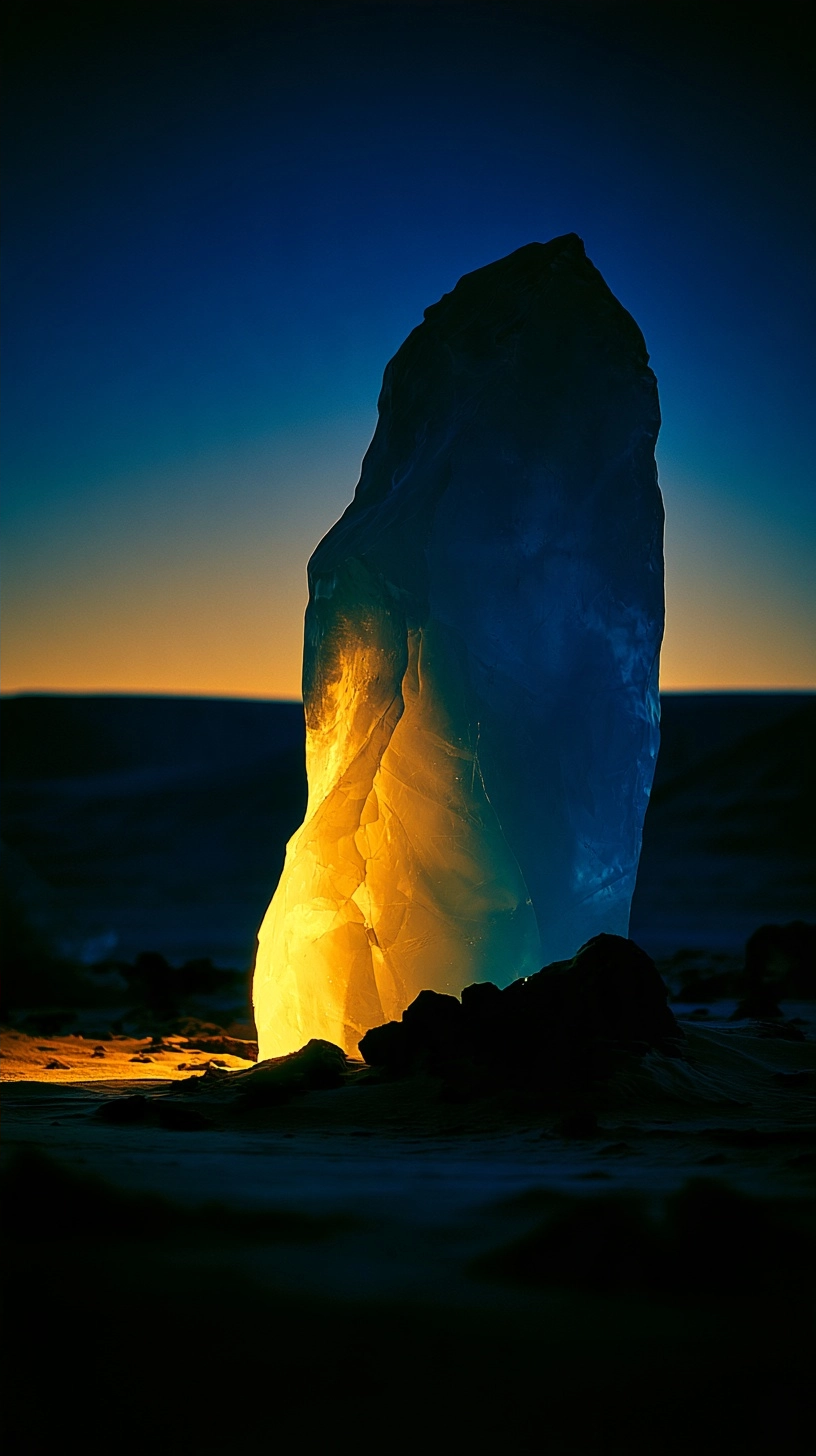 A glowing ice monolith illuminated by golden light at dusk.