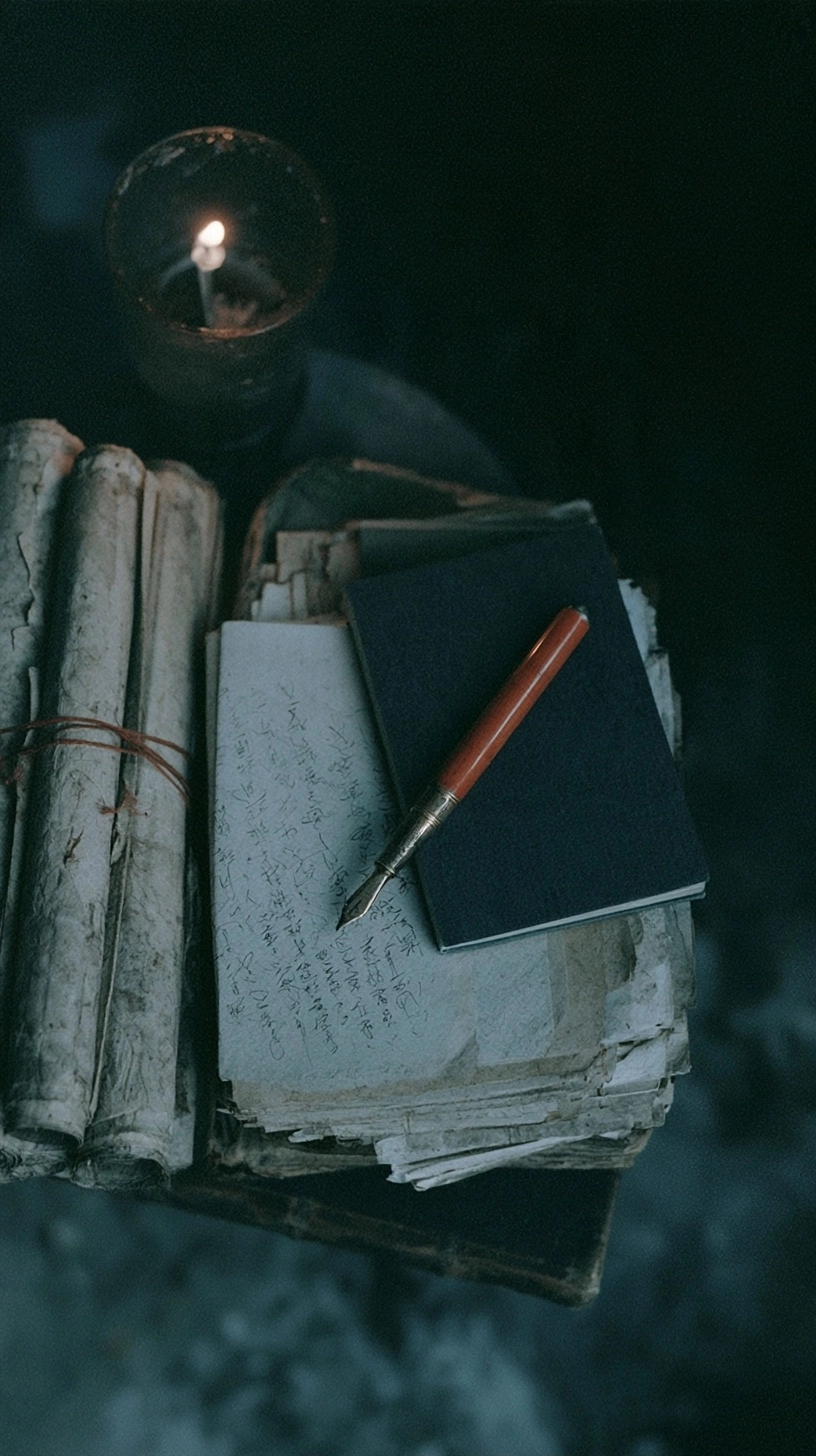 A red pen on a dark notebook placed over aged parchment scrolls with a glowing candle in the background.
