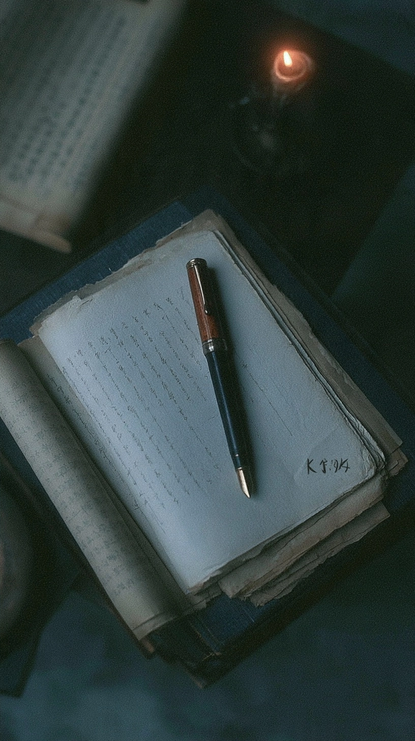 A close-up view of a black pen on a handwritten notebook with a warm candle flame in the background.