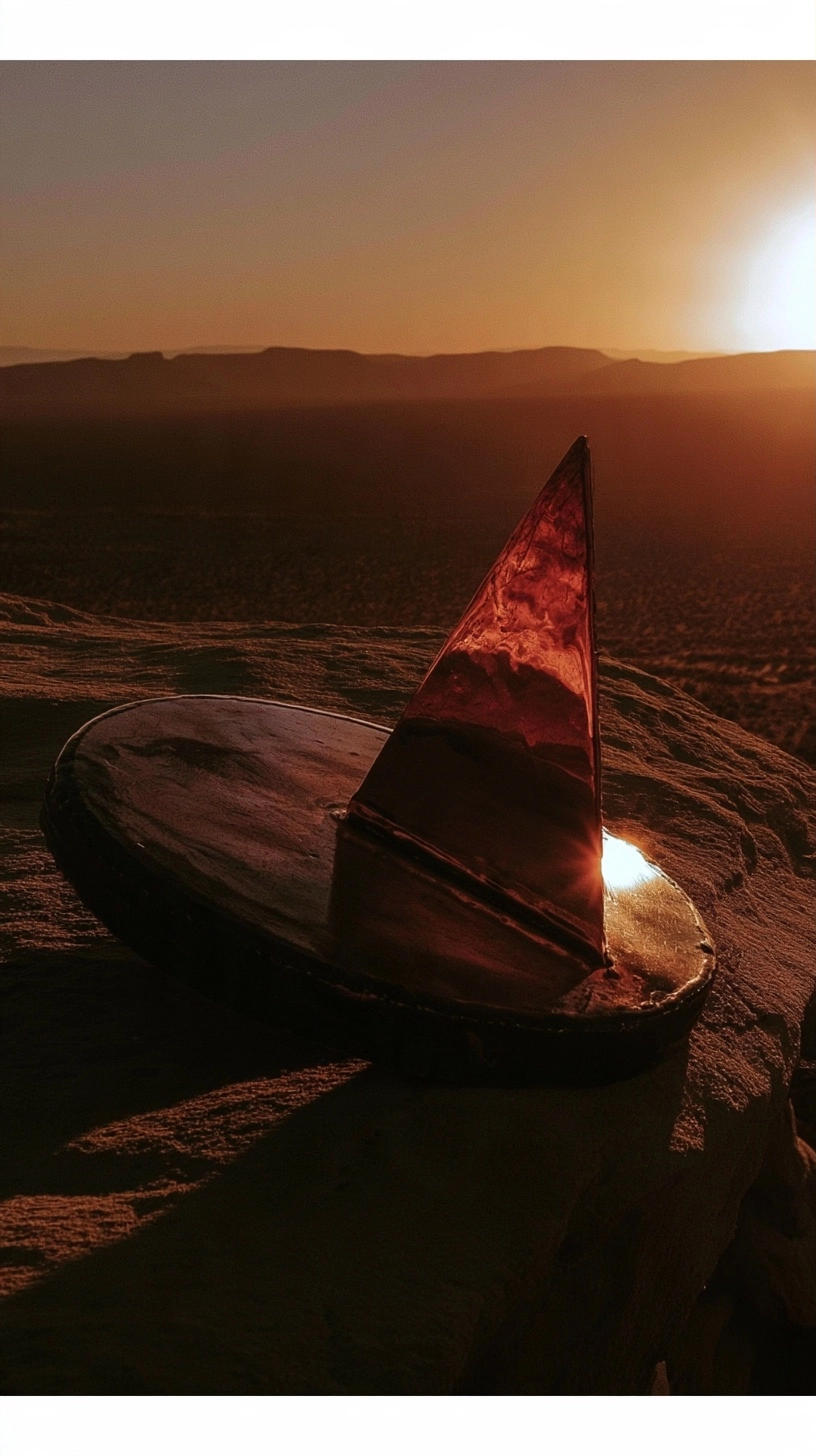 A dark geometric sculpture silhouetted against a glowing desert sunset on a rocky outcrop.