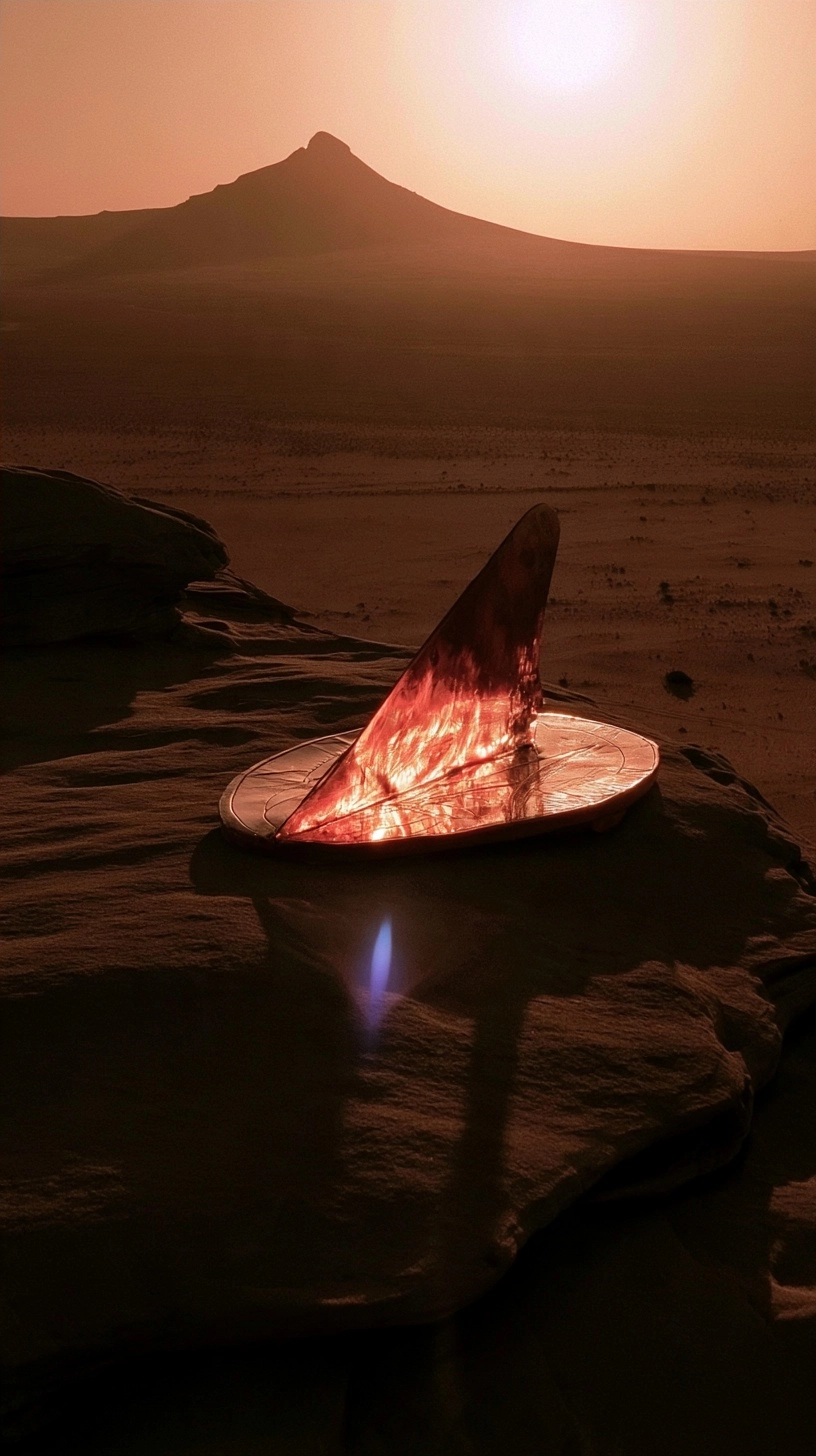 A glowing orange sculptural piece sits on a dark rock overlooking a desert dune under a setting sun.