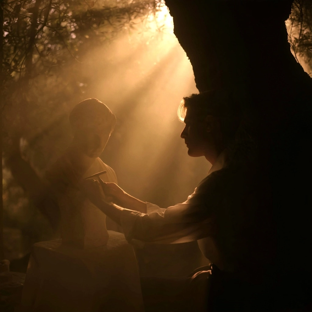 Silhouette of an artist sculpting a bust amidst bright sunbeams in a misty environment.