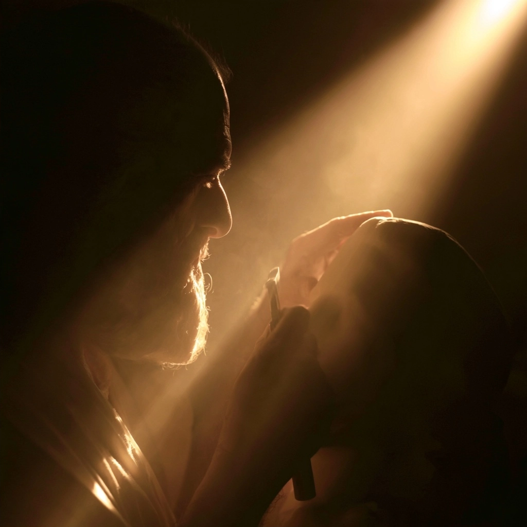 Silhouette of a bearded man in a dramatic light beam performing a haircut.