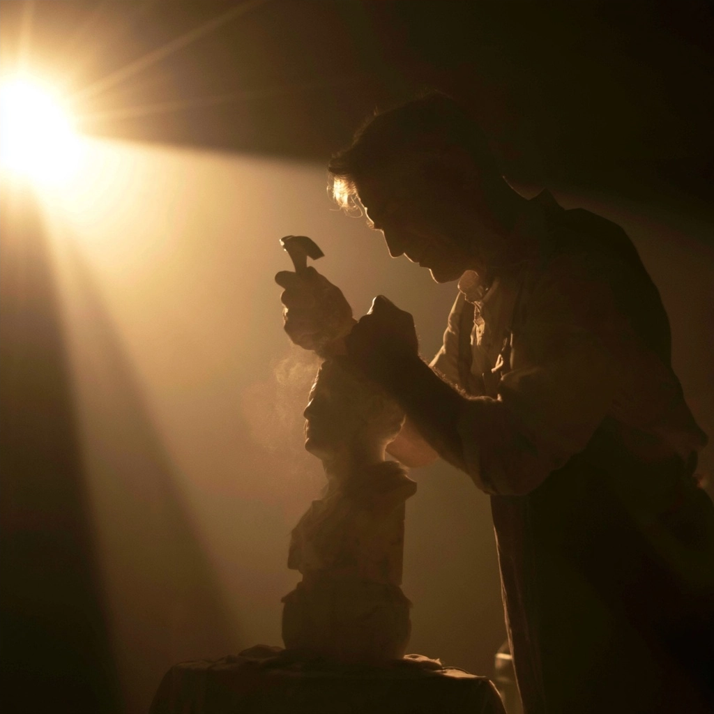 Silhouette of an artist carving a stone bust in a dark studio with dramatic lighting.