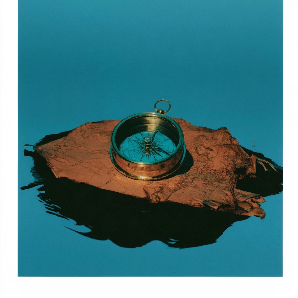 A golden brass compass sitting on a torn brown map floating on calm blue water.