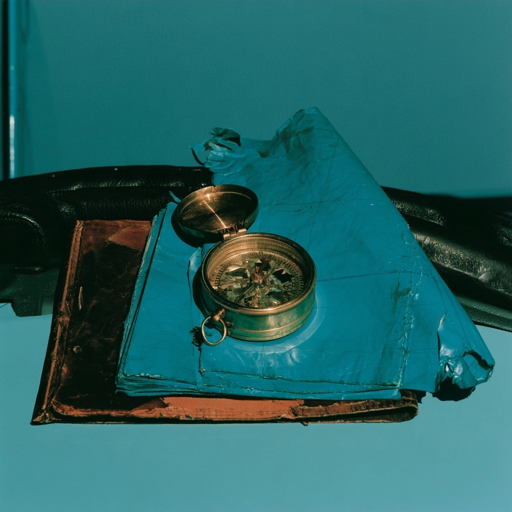 A vintage brass compass placed on crumpled blue paper and a worn leather book.