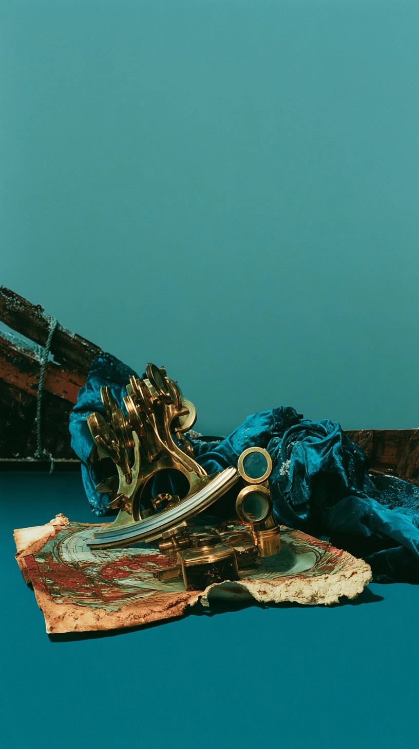 A brass nautical sextant placed on a weathered map with blue fabric and dark wood on a teal background.