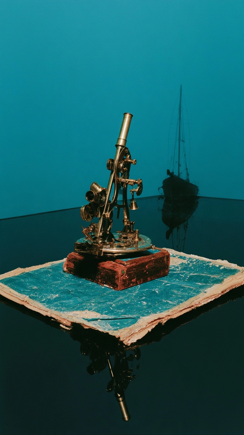 A vintage brass microscope resting on an old blue book with a sailboat silhouette in the background.