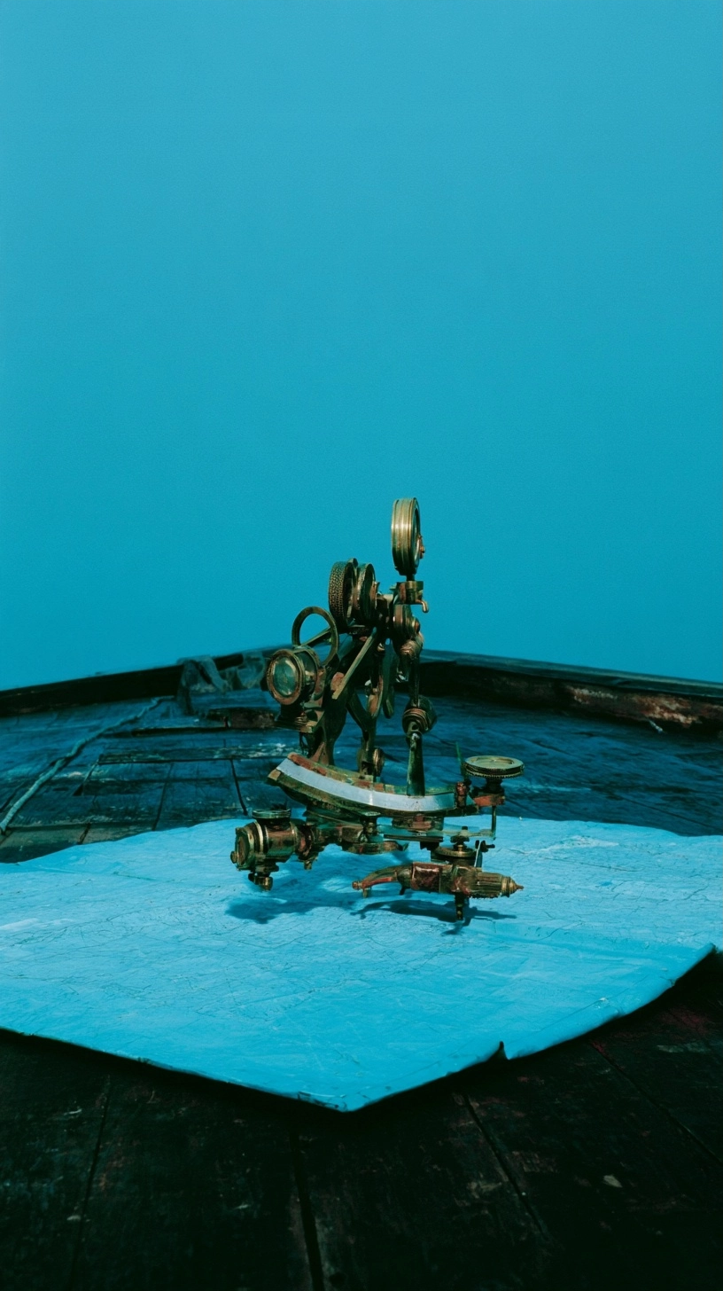 A miniature steampunk-style brass mechanical sculpture on a blue platform.