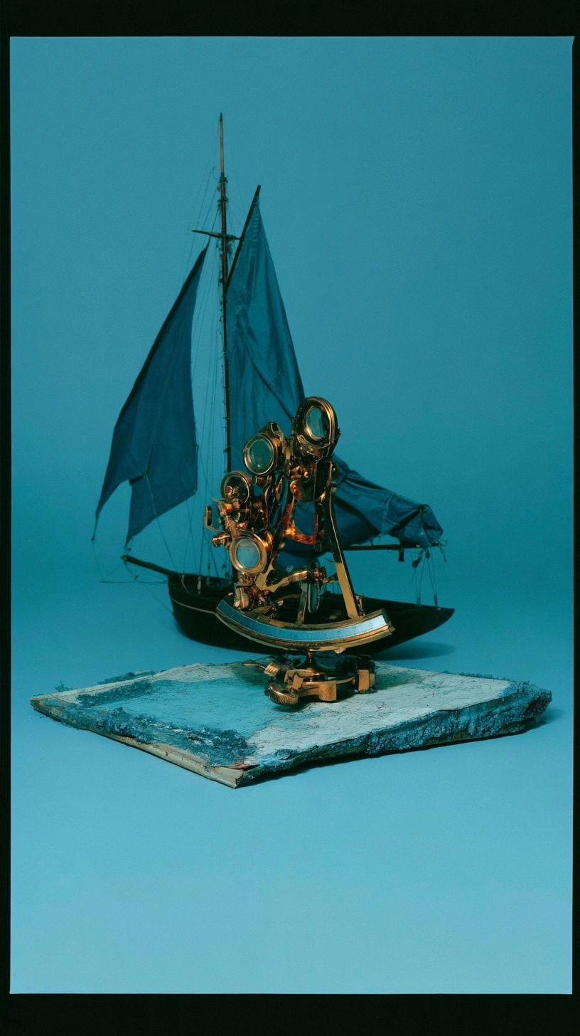 A vintage brass sextant resting on a textured base in front of a blue model sailboat.