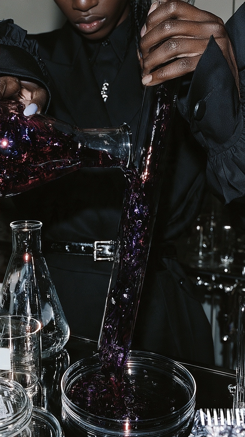 Close up of dark purple liquid being poured from a decanter into a tall glass tube.
