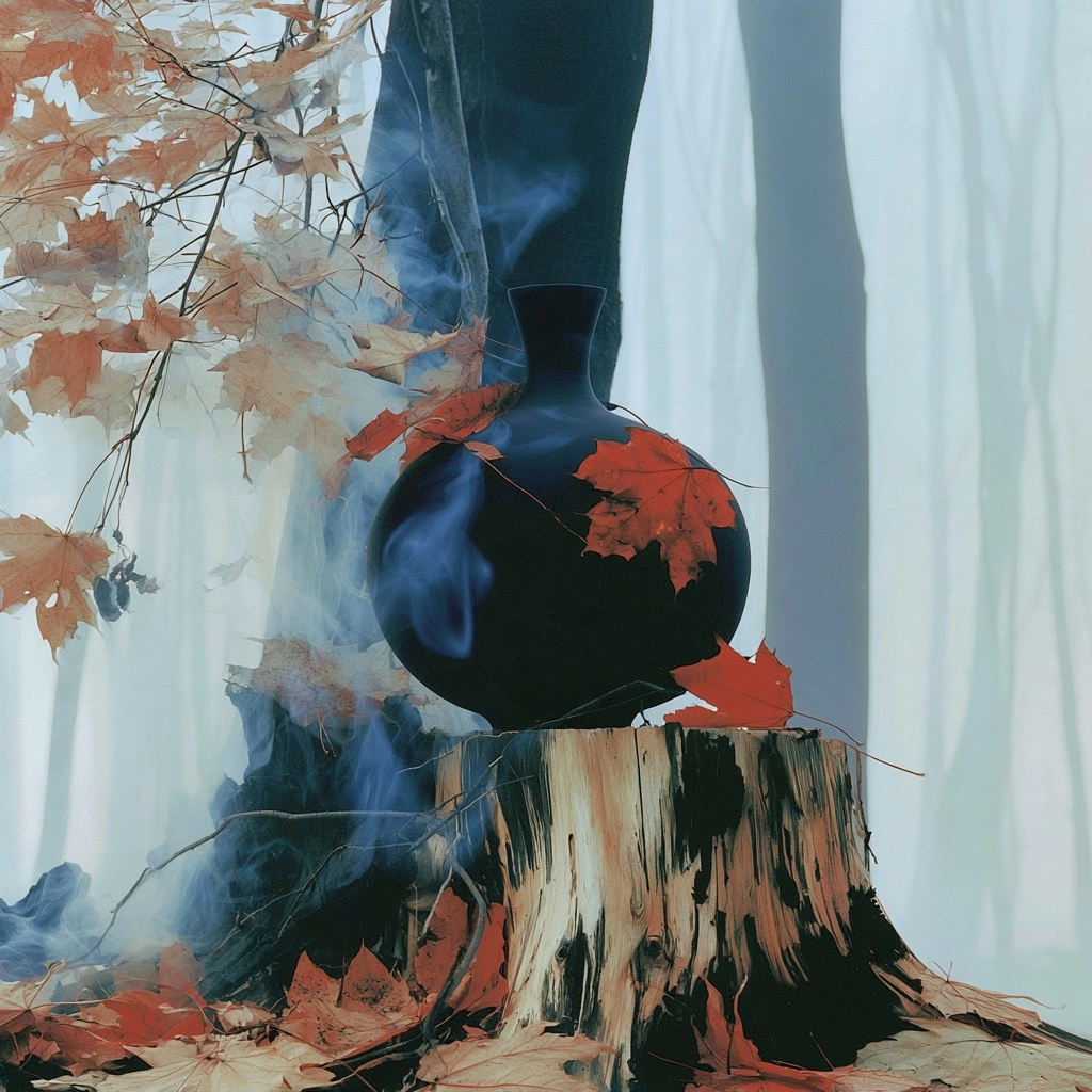 A black vase on a wooden stump surrounded by orange maple leaves and ethereal blue smoke in a foggy woods.