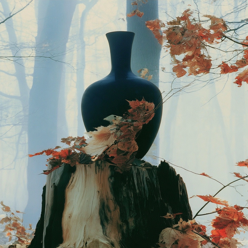 A dark vase resting on a weathered tree stump amidst orange autumn leaves and a foggy forest background.