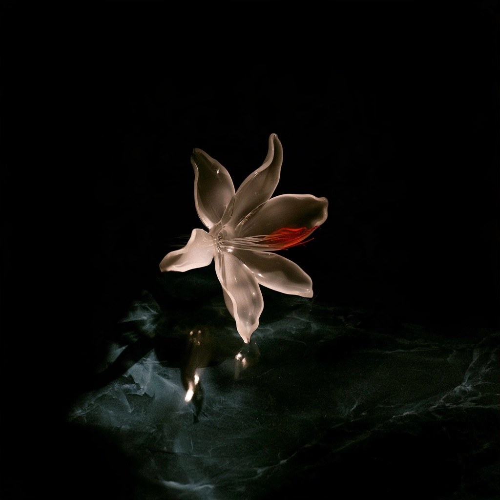 A delicate translucent flower sculpture with a glowing red core on a dark marble surface.