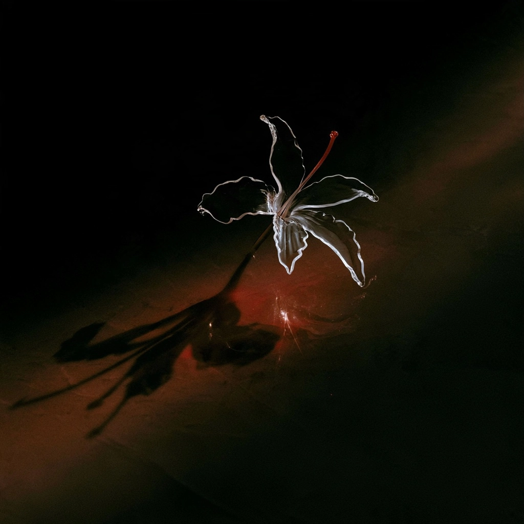 A glowing, ethereal white flower outline casting a soft red light on a dark, shadowy surface.