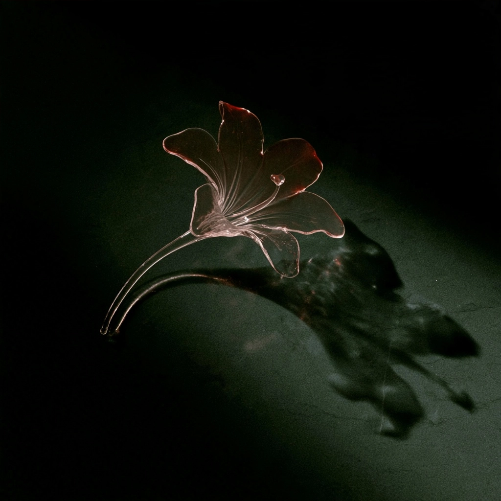 A delicate pink translucent flower casting a long shadow on a dark textured surface.