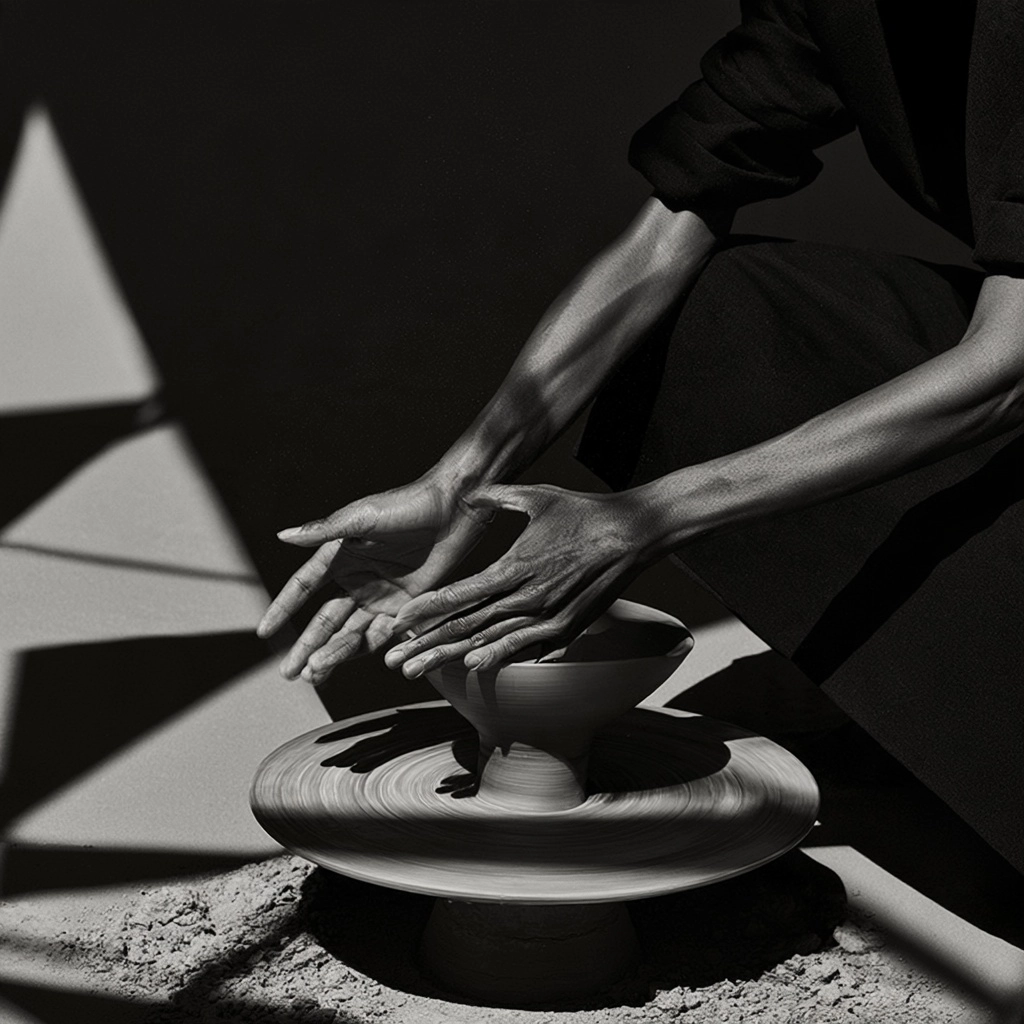 Close-up of hands shaping clay on a rotating pottery wheel in monochrome.