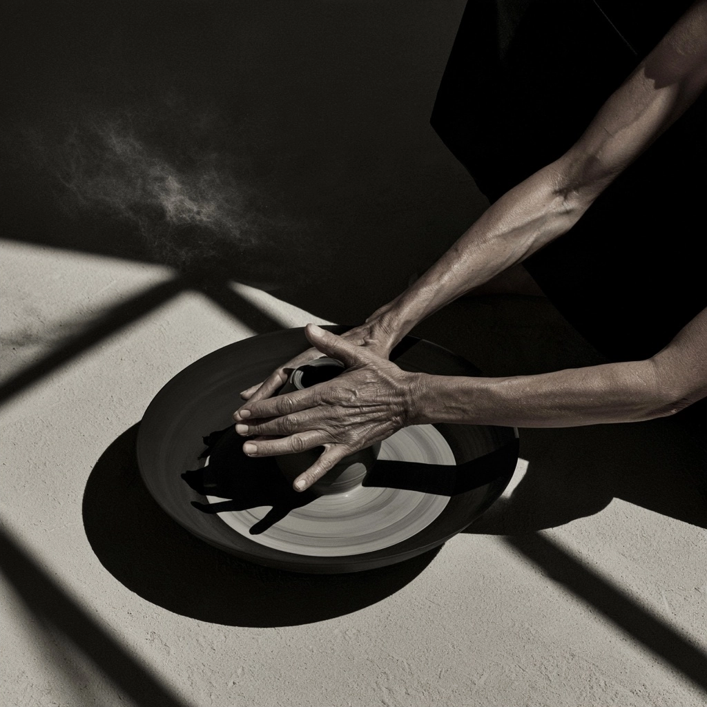 Close-up of hands working with clay on a pottery wheel in high-contrast lighting.