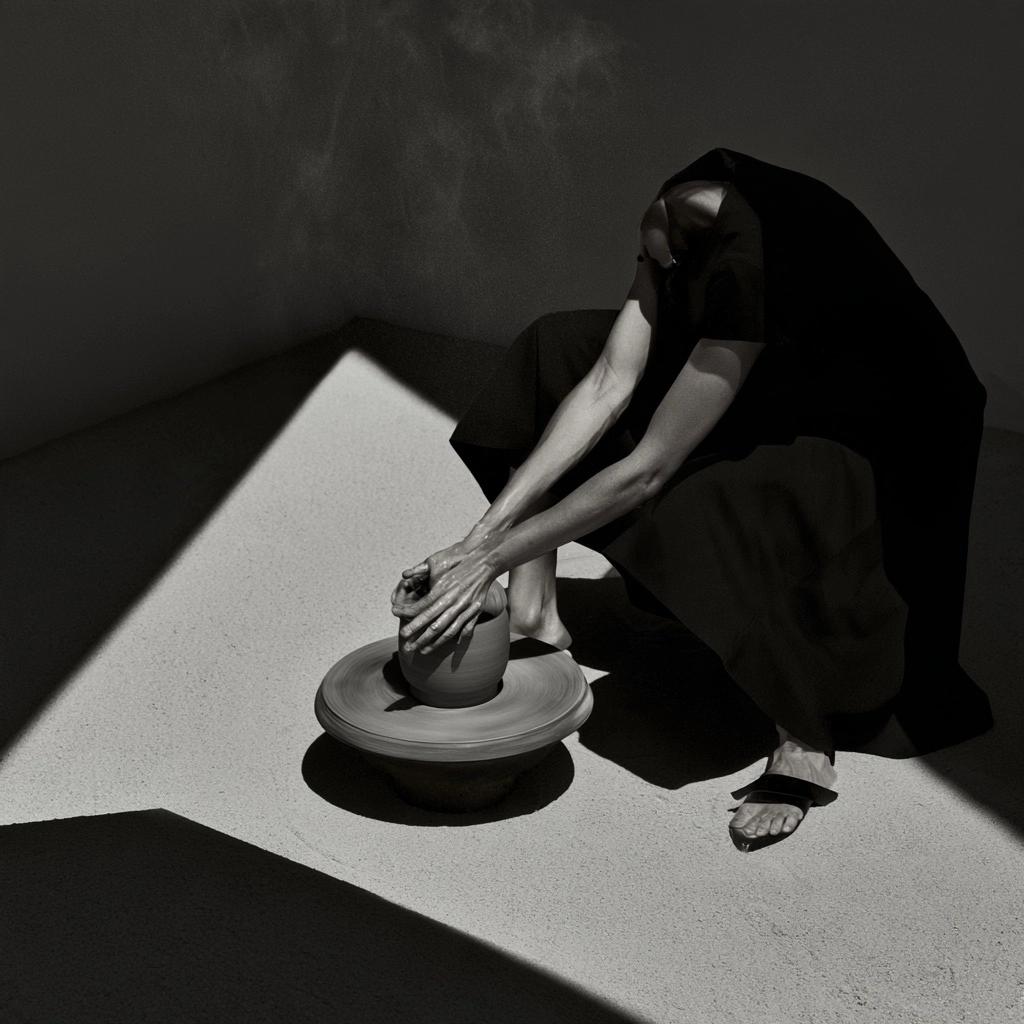 Black and white photo of a person shaping clay on a pottery wheel under dramatic sunlight.
