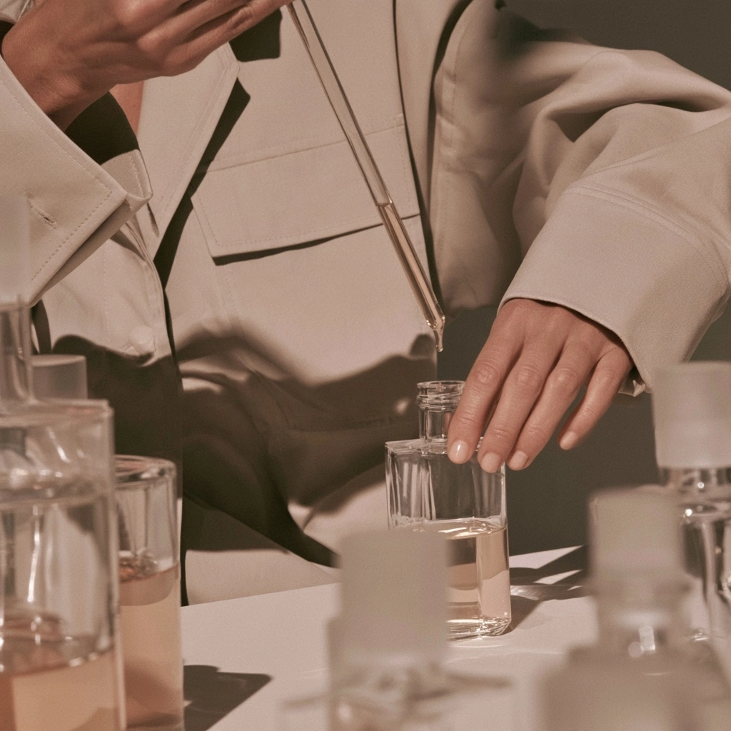 Close up of hands using a glass pipette to drop liquid into a small clear bottle on a white surface.