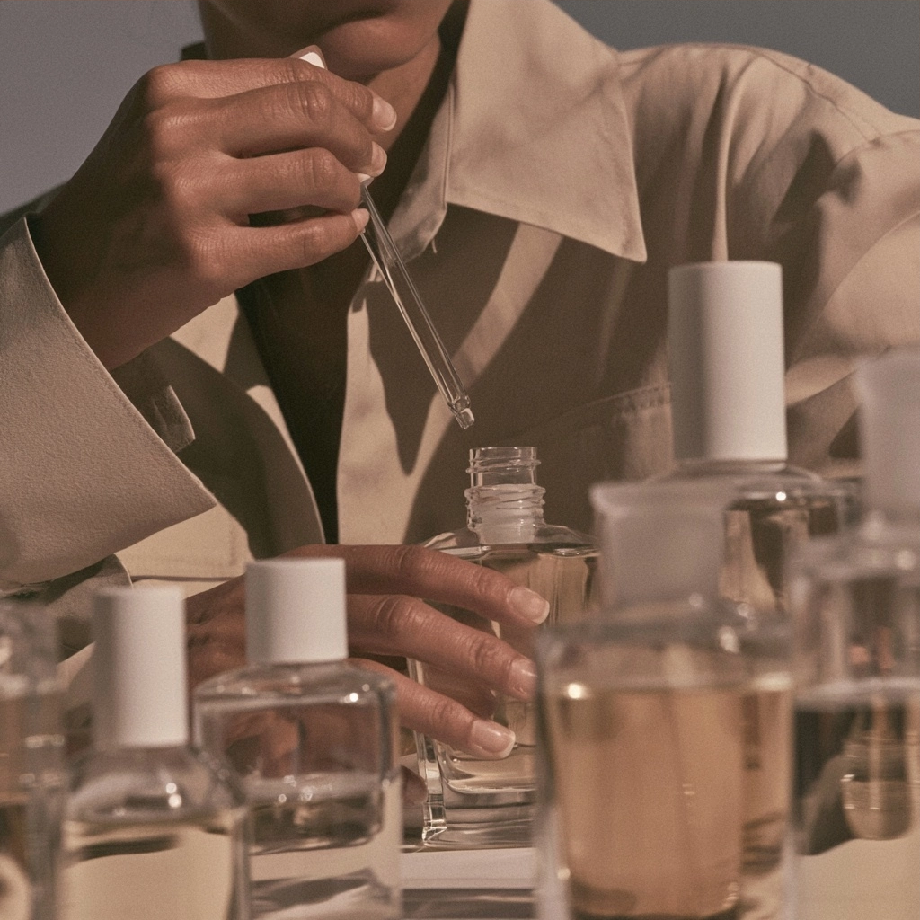 Close up of a person using a glass pipette to drop liquid into a small cosmetic bottle.
