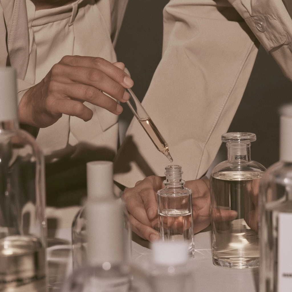 Close up of hands using a pipette to drop liquid into a small glass vial in a lab setting.