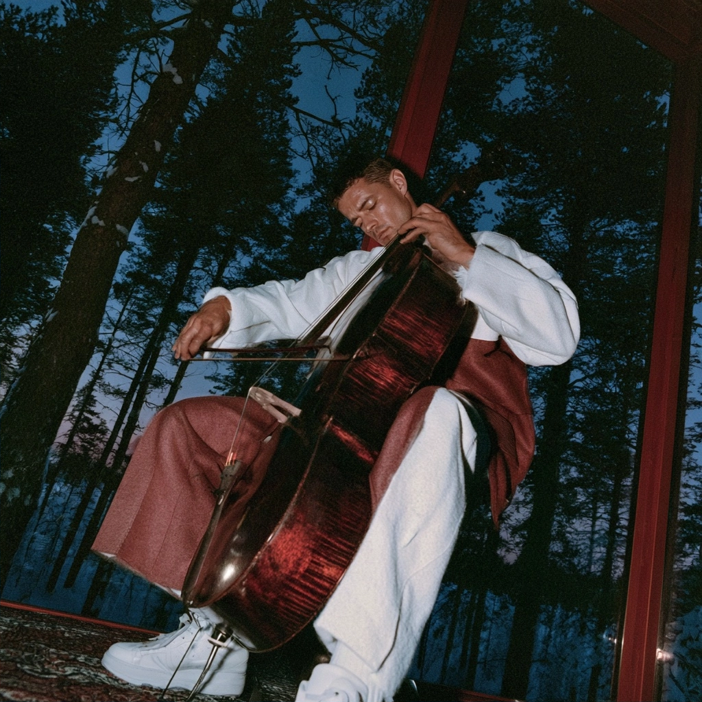 A man playing a large cello outdoors among tall trees during twilight.