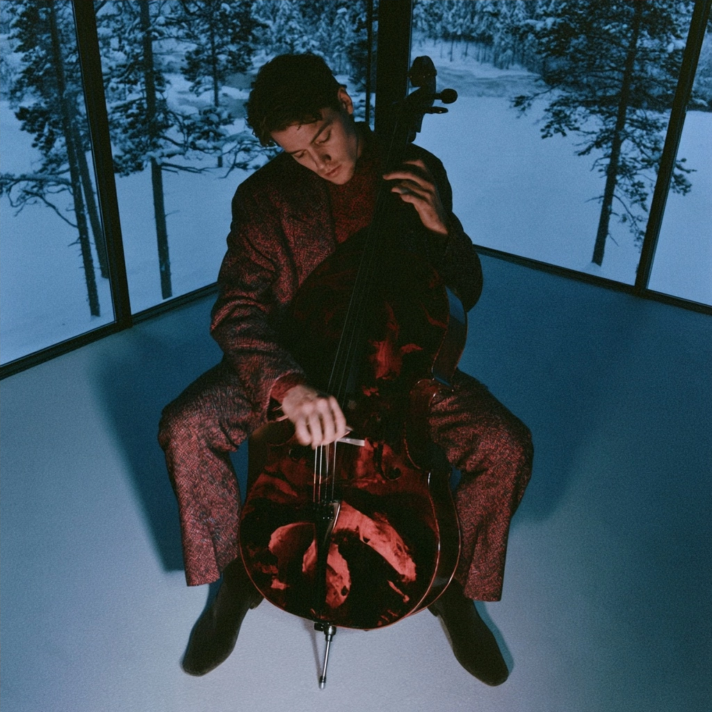 A man playing a cello while seated in a room with a view of a snowy forest through large windows.