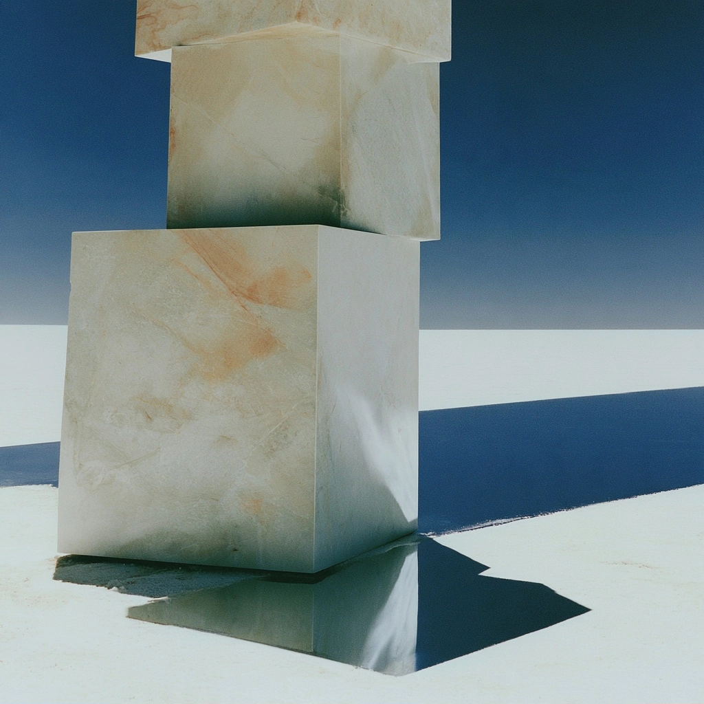 Minimalist composition of stacked marble blocks casting sharp shadows on a white ground.
