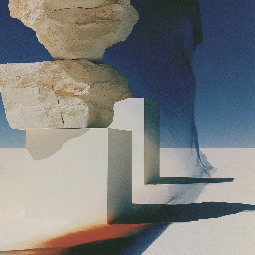 Abstract composition of large beige rocks resting on white rectangular blocks under a clear blue sky.