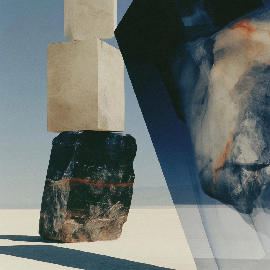 Abstract arrangement of stacked beige and dark stone blocks next to a large swirling marble texture.
