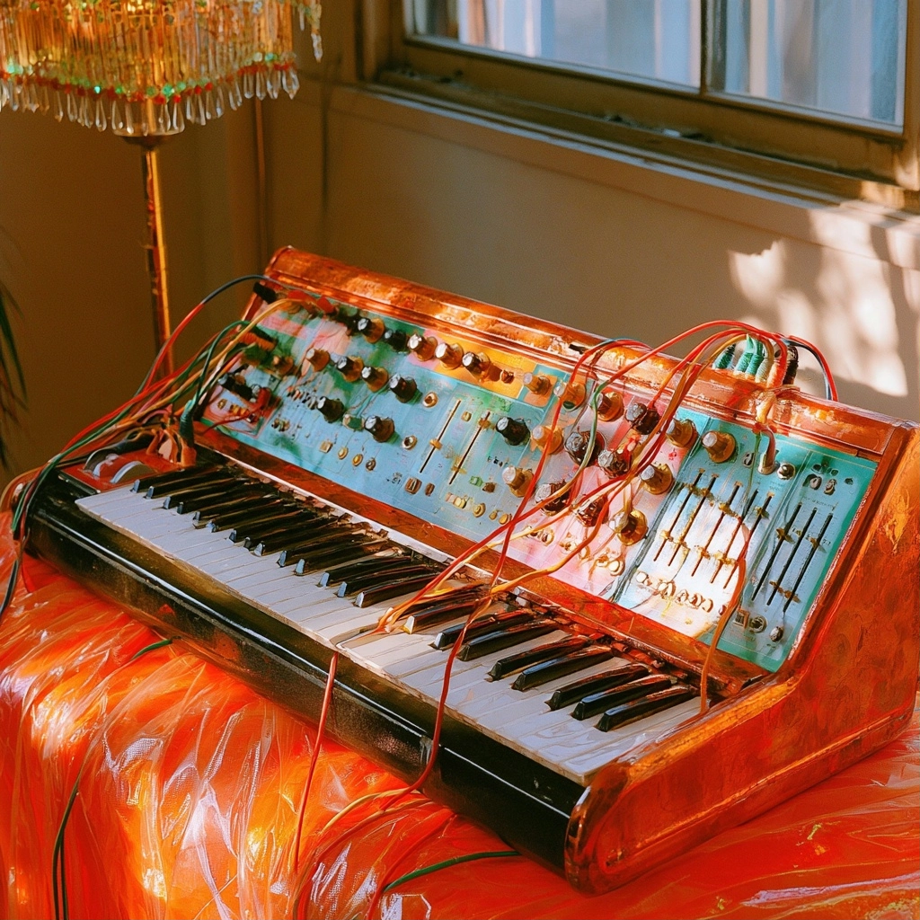 A vintage-style orange translucent electronic synthesizer with patch cables on a bright orange background.