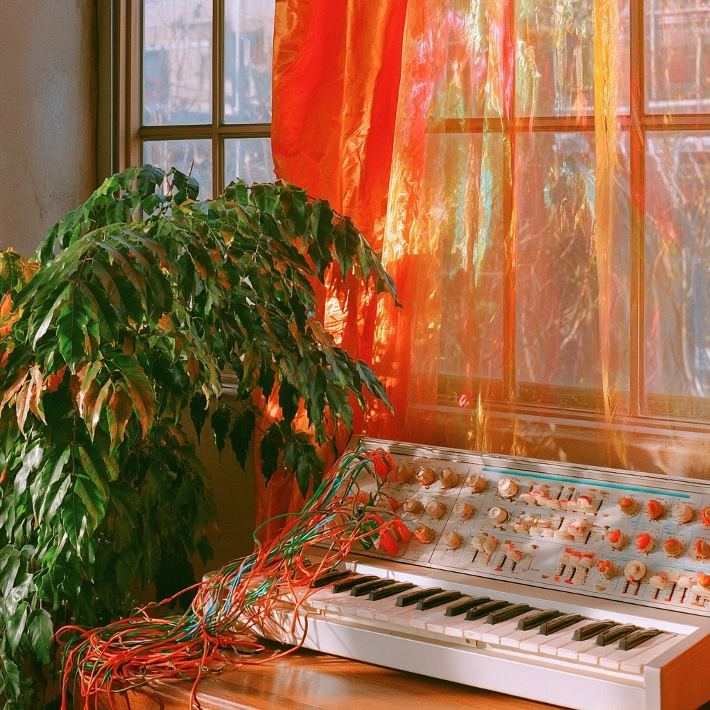 A lush green plant and a white vintage synthesizer with messy colorful patch cables near a sunny window.