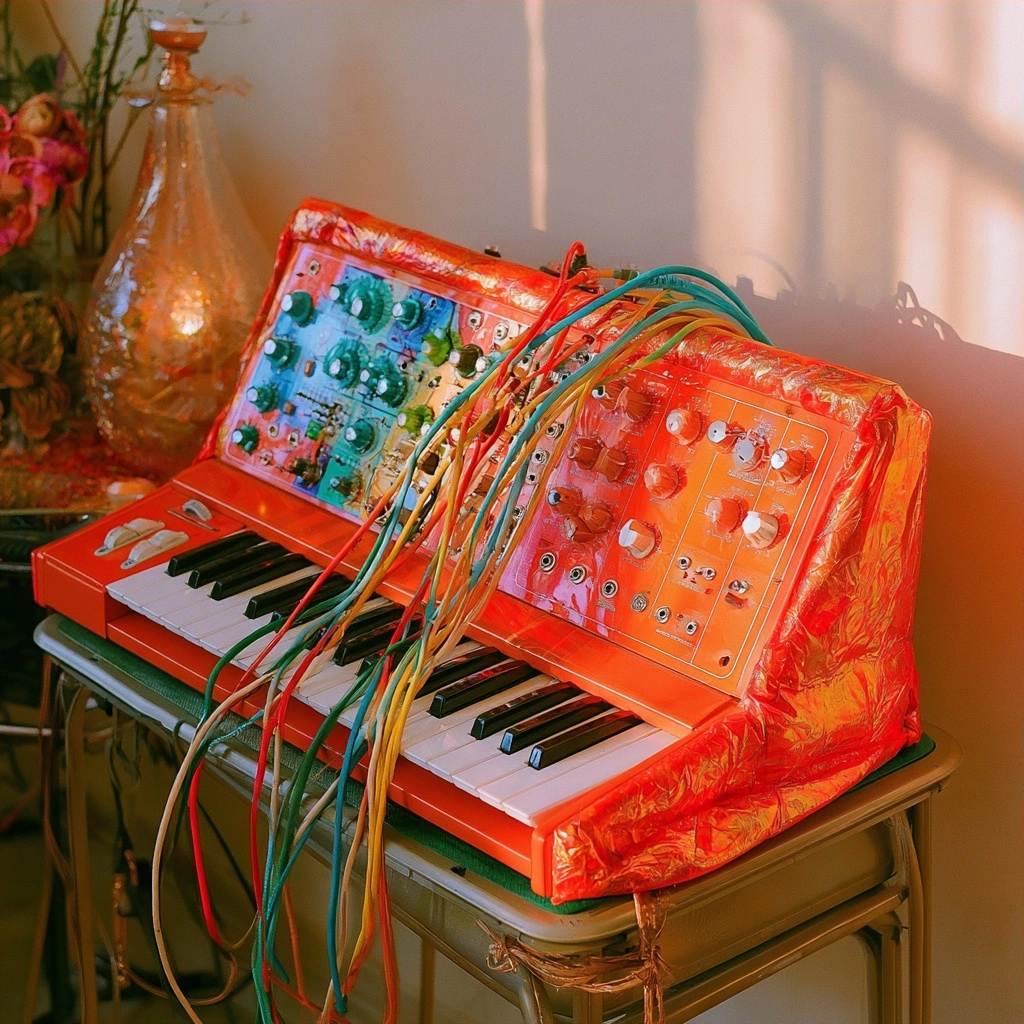 A red synthesizer with colorful patch cables draped over it, protected by orange plastic wrap.