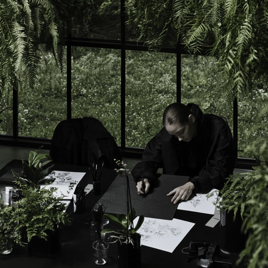 An artist focused on drawing botanical sketches at a dark desk surrounded by hanging ferns.