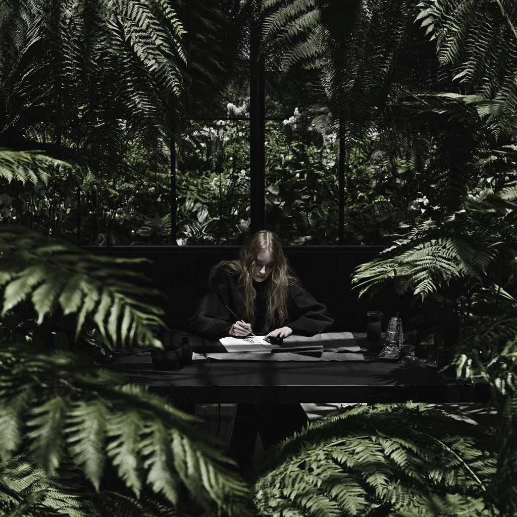 A woman focused on drawing at a table amidst dense green fern leaves in a dark environment.