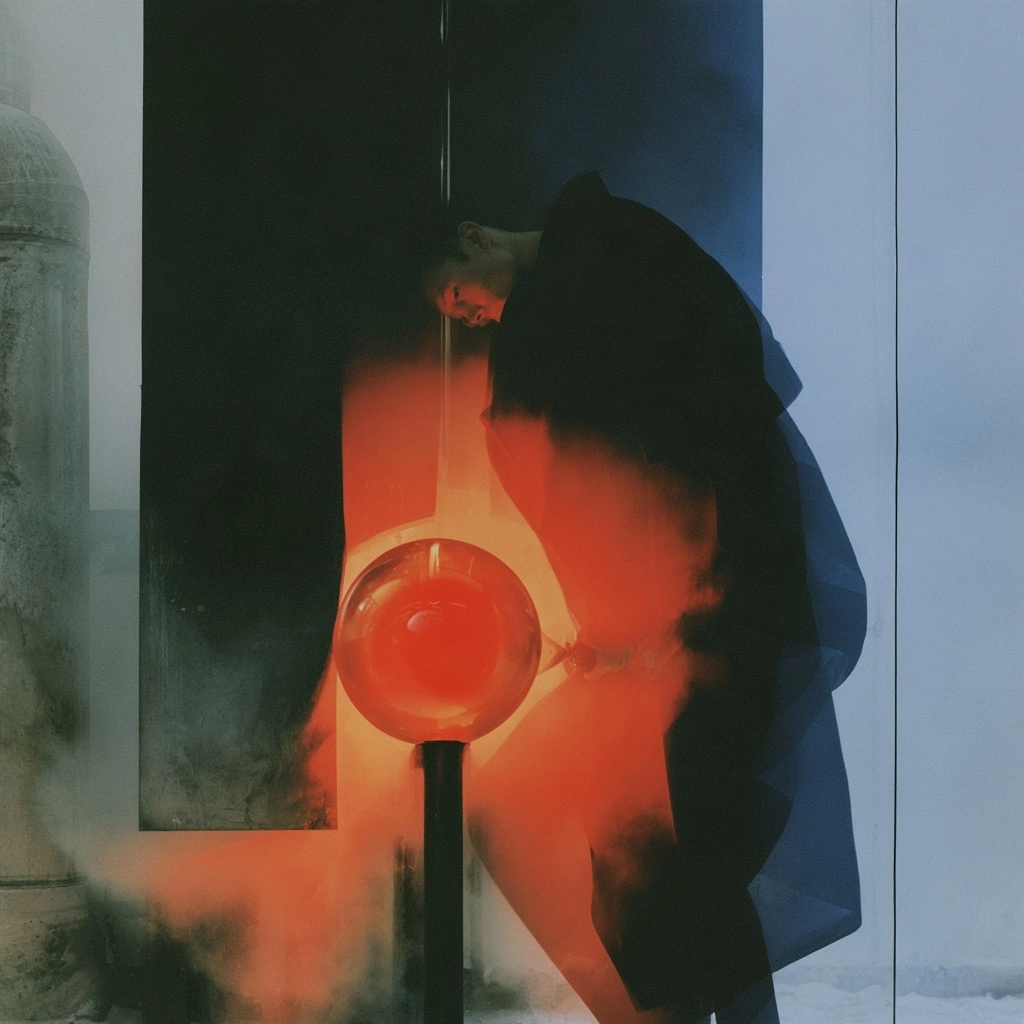 A surreal double exposure of a person's silhouette and a glowing red sphere amidst red mist.