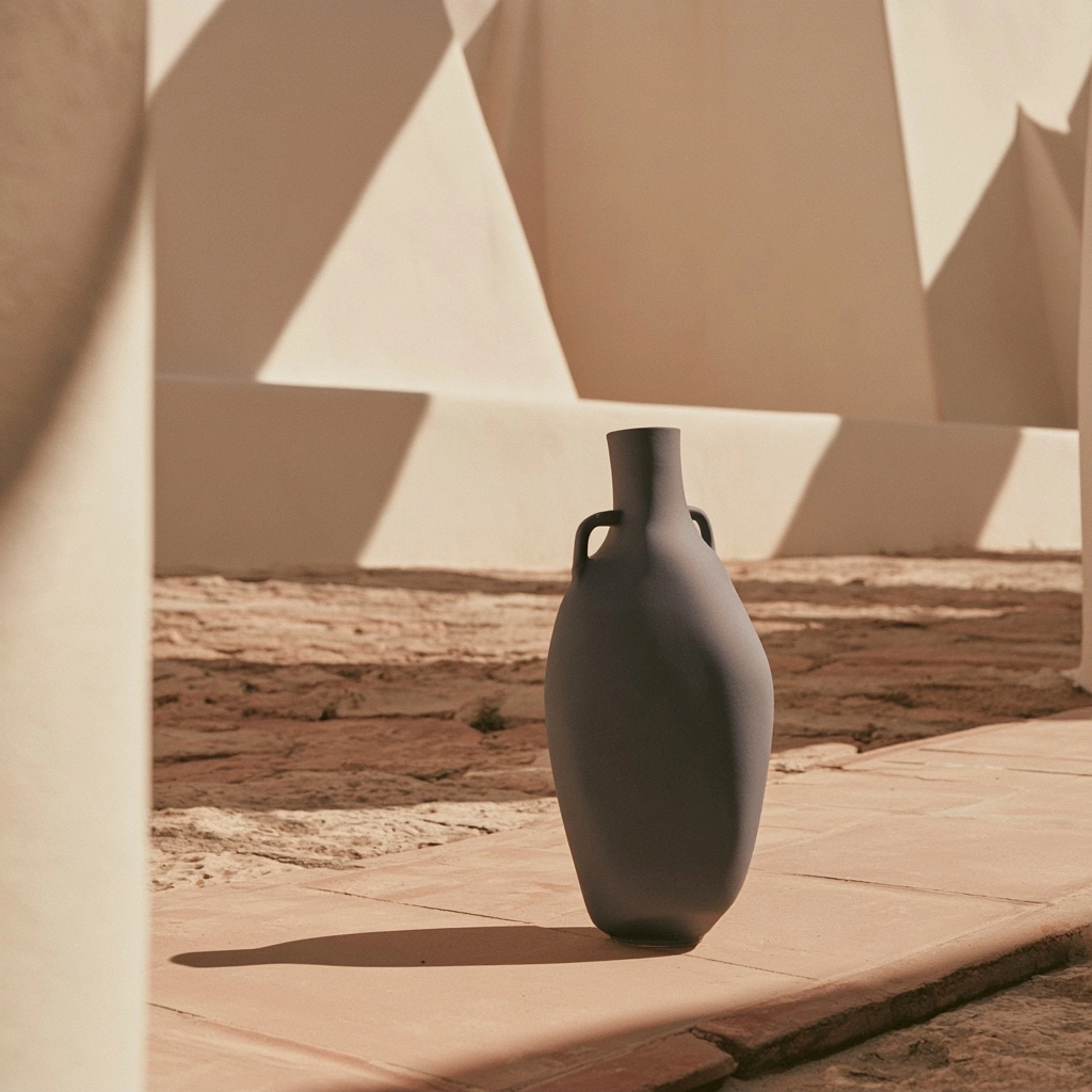 A matte dark grey vase standing on a sunlit stone walkway with sharp geometric shadows.