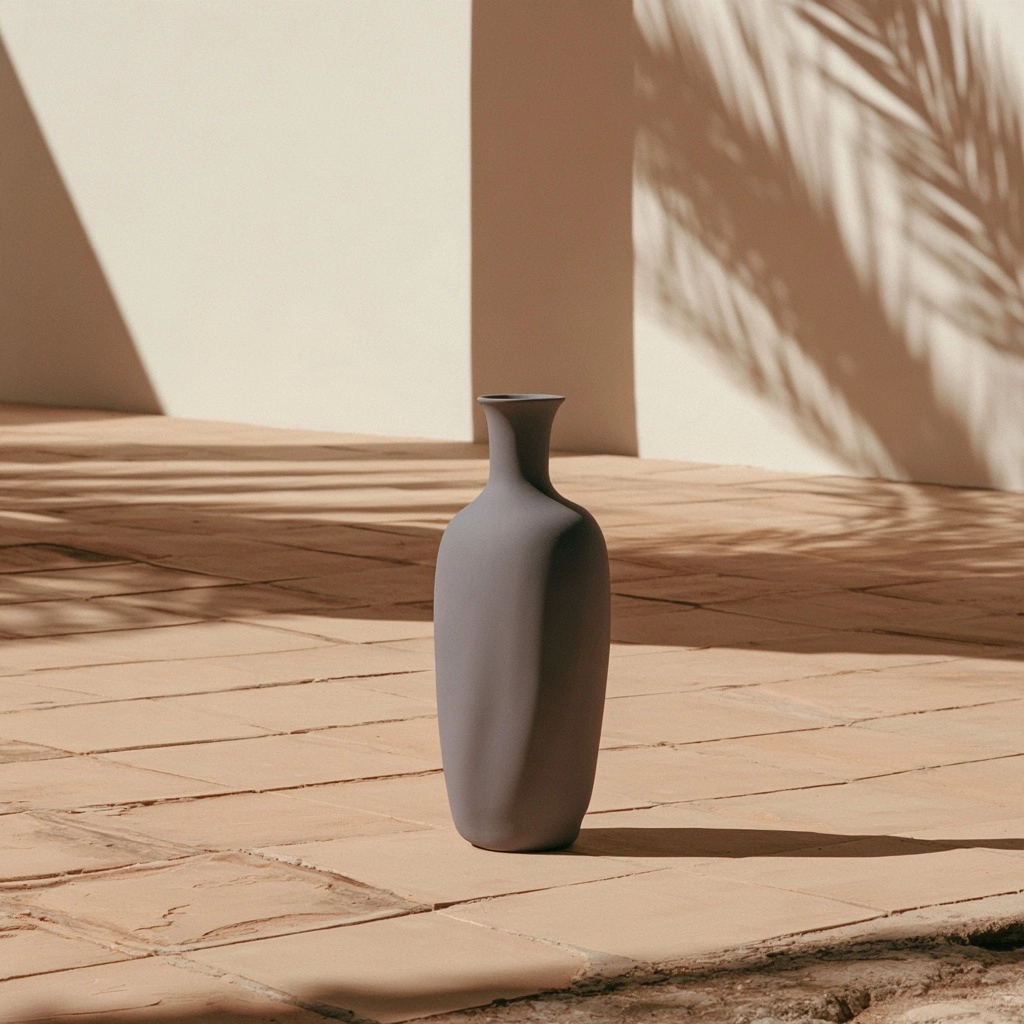 A sleek grey vase centered on a sunlit terracotta tile floor with palm leaf shadows.