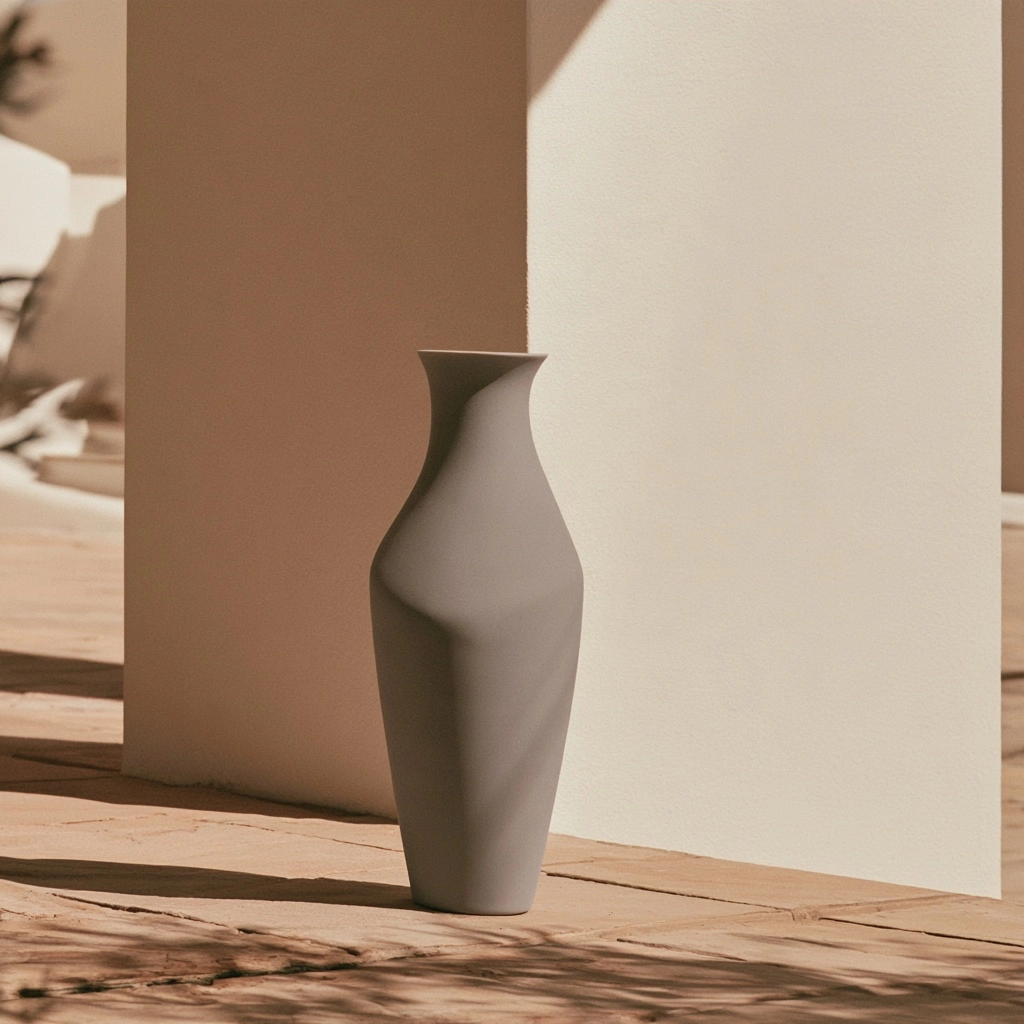 A minimalist white ceramic vase casting a soft shadow against a beige wall in bright sunlight.