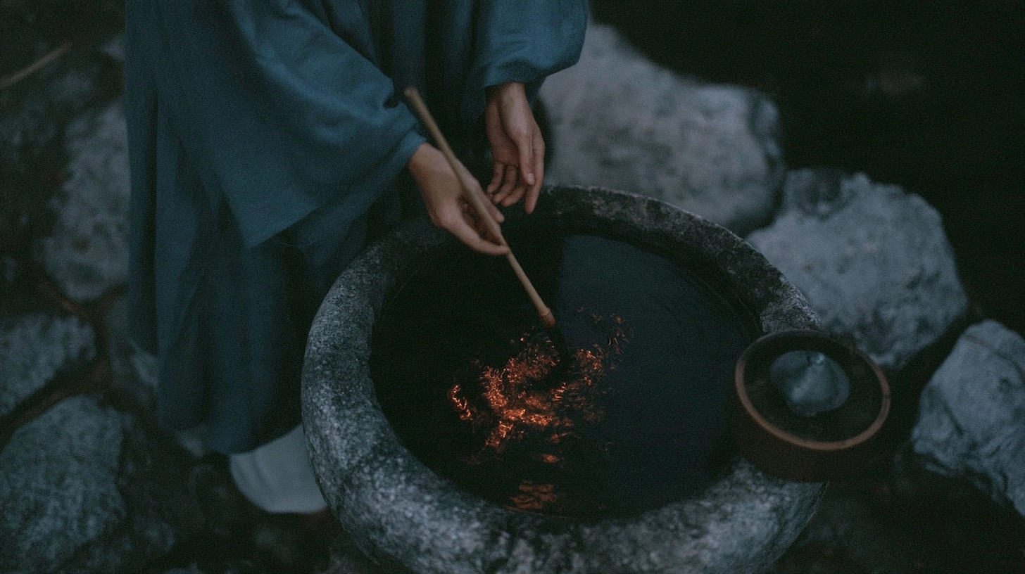 A person stirring dark water in a large stone basin with a thin wooden stick.