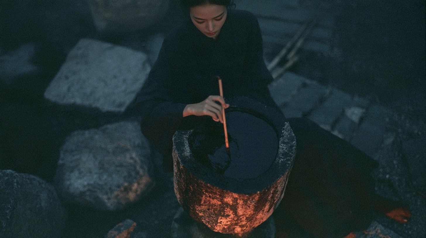 A woman stirring a dark liquid in a large stone mortar under dim nighttime lighting.
