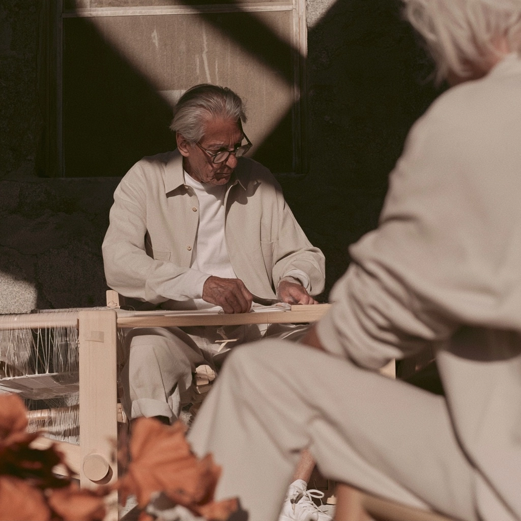 An older man wearing glasses and a light shirt focuses on weaving fabric on a wooden loom.