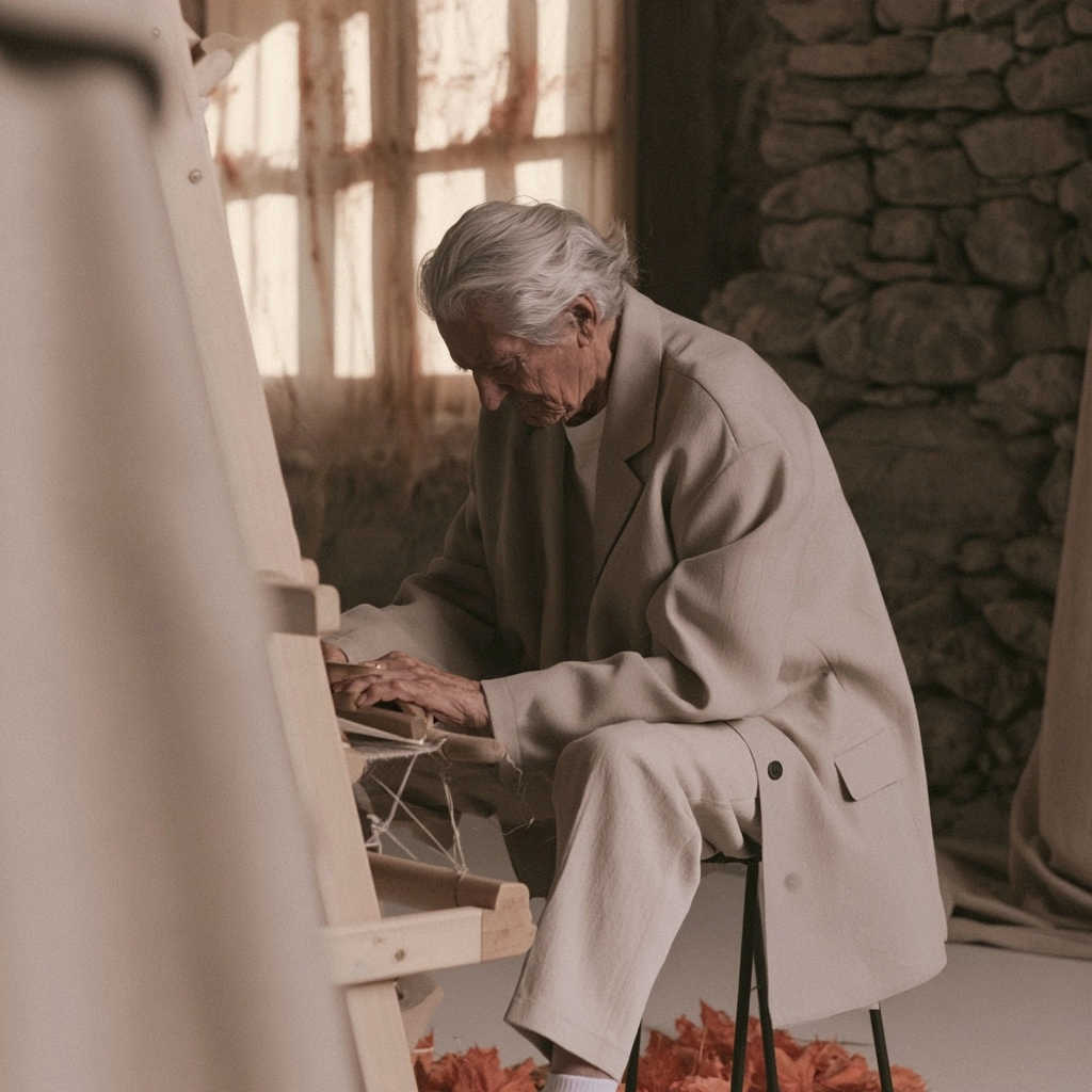 An elderly man in a beige suit working intently on a wooden frame in a stone-walled room.