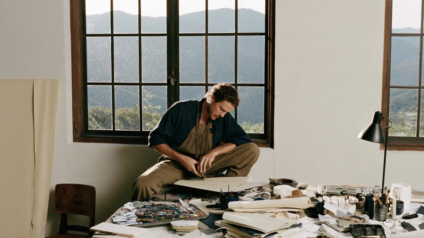 An artist focused on his work at a cluttered desk near a large window with a mountain view.