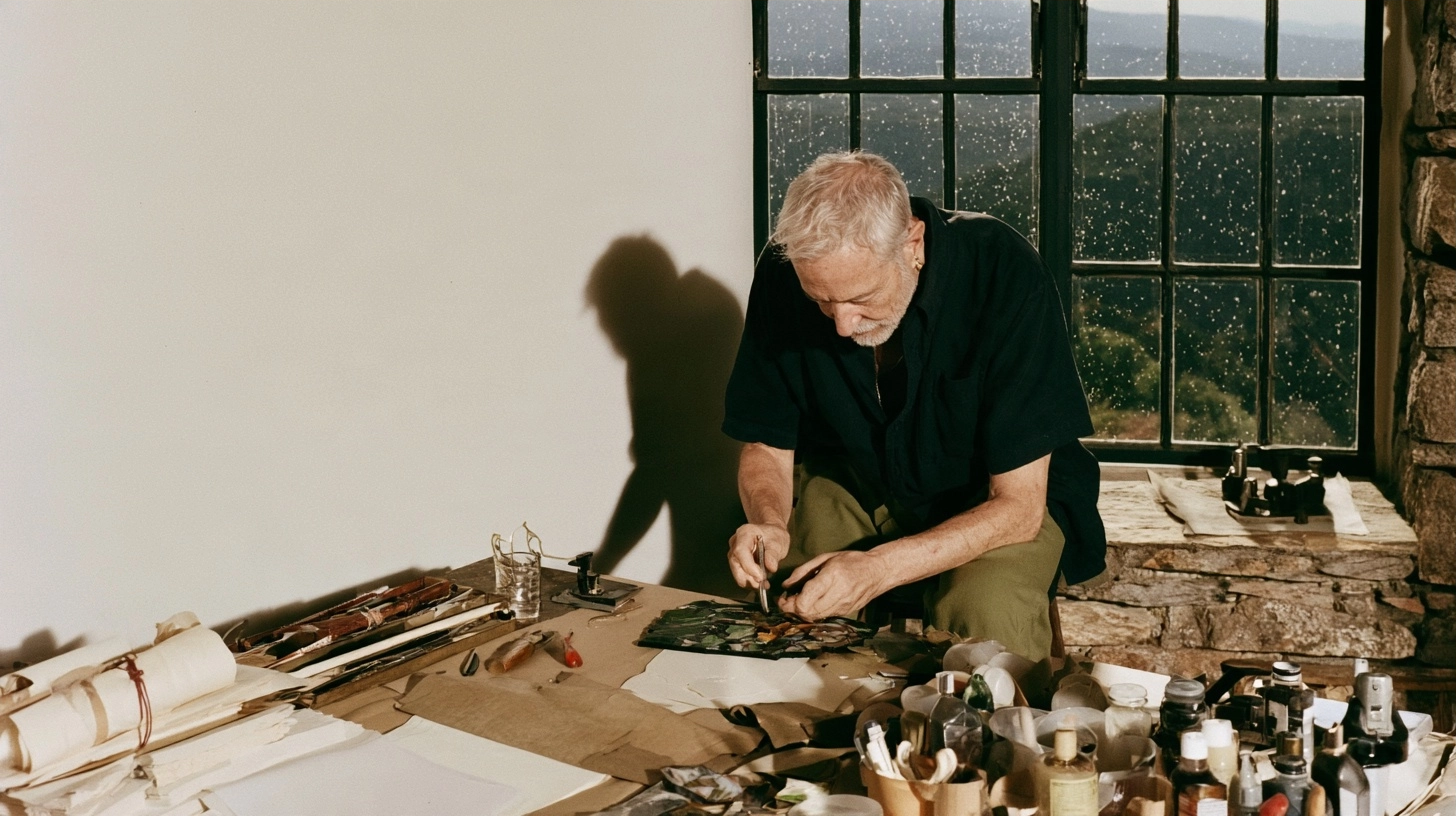 An older male artist working at a table filled with brushes, paints, and papers in a sunlit studio.