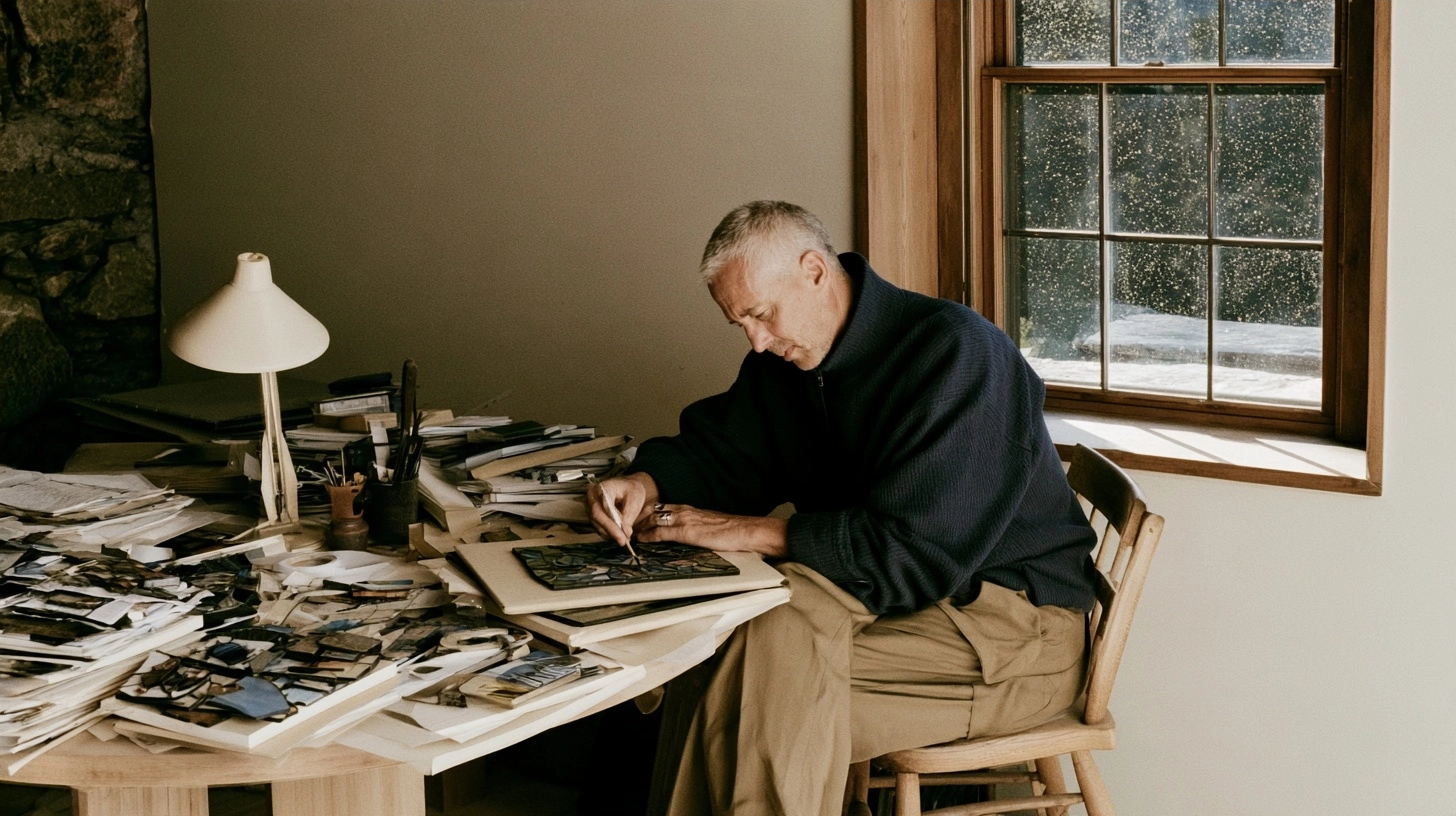 A man in a dark sweater focused on working with small tools at a desk filled with papers and art supplies.